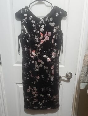 Black Floral Midi Dress with Pink Blossom Accents